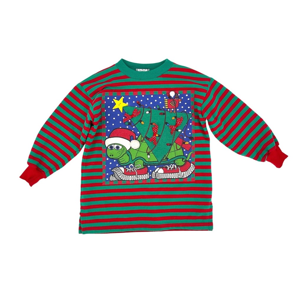 Vintage Zoodles 90s Kids Shirt Striped Christmas Turtle Size 4